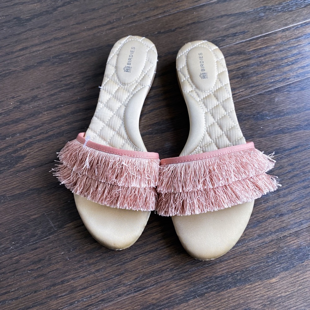 Birdies Pink Fringe Slide Sandals